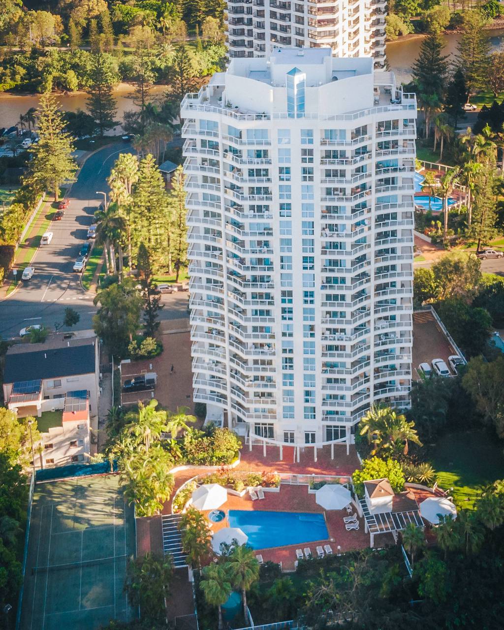 The Crest building from above, drone view