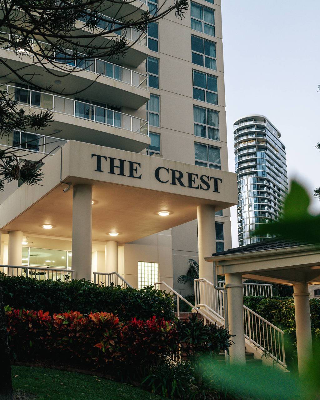 The Crest entrance at dusk