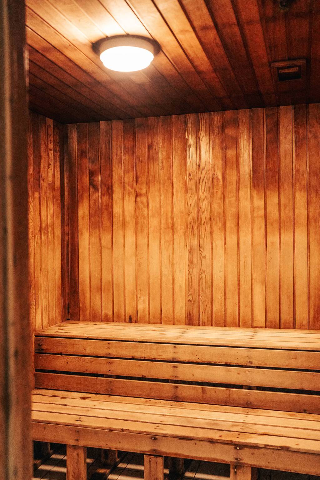 Timber-lined sauna interior with bench seating and recessed ceiling light