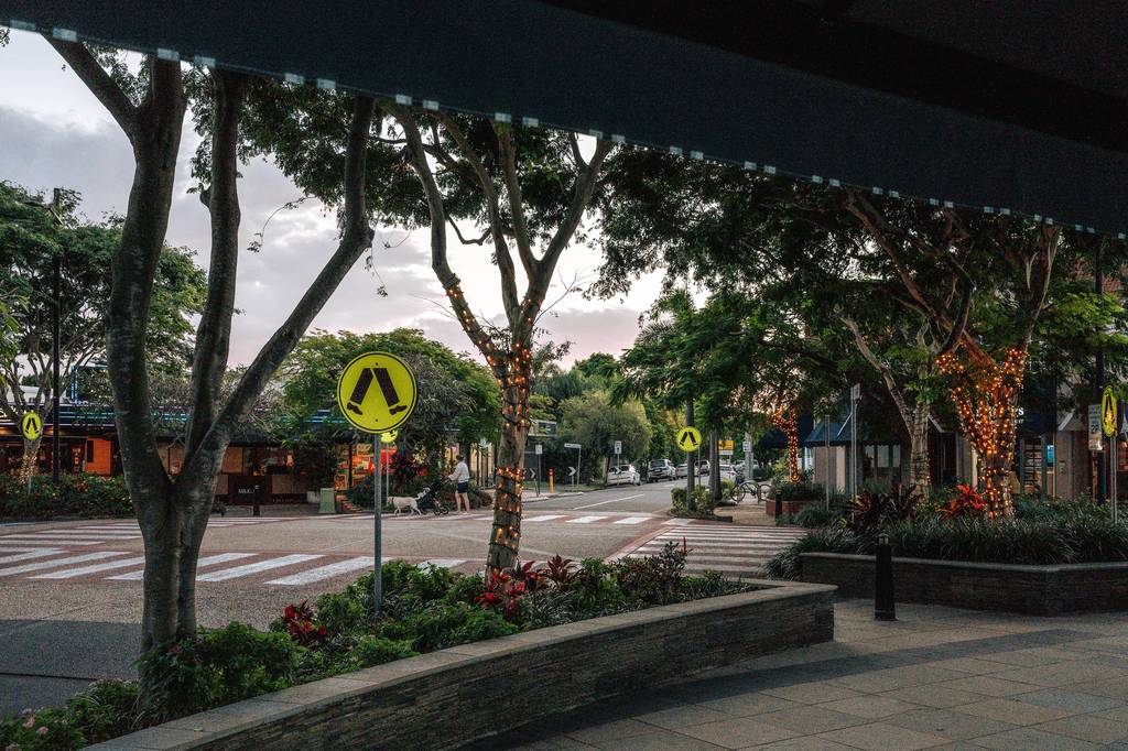 Storefront arcades with warm lighting beneath broad-canopied trees at dusk