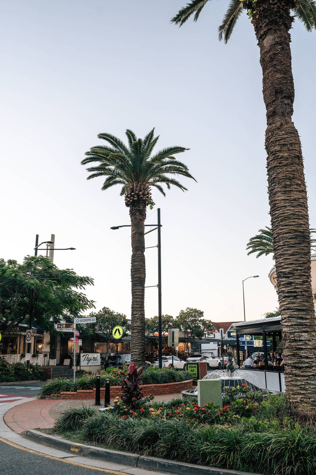 Palm trees, pedestrian walkway and restaurants with lights on Main Beach boulevard